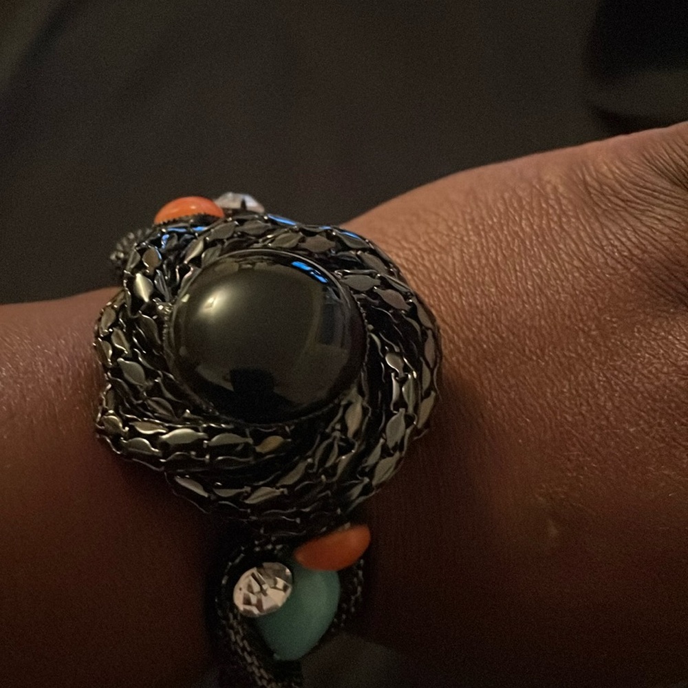 Clamp bracelet turquoise, coral and black with clear stone